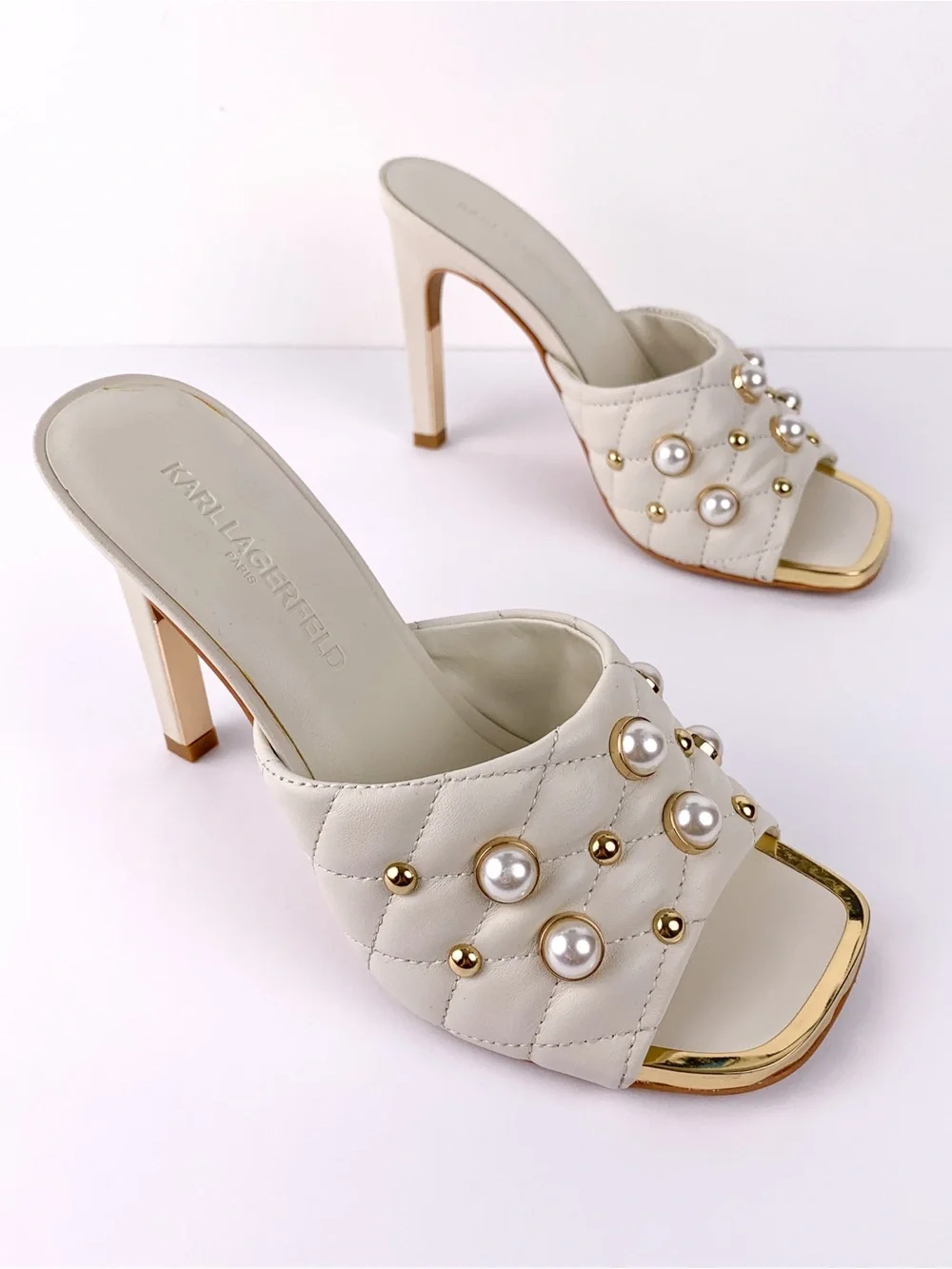 Karl Lagerfeld Paris Amina pearl studded heeled mules in ivory & gold size 6